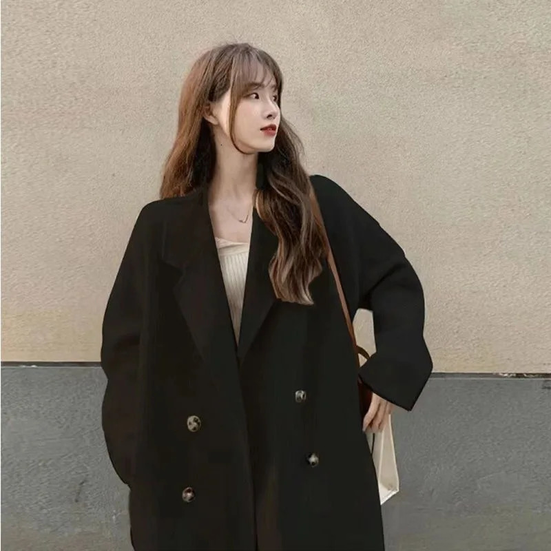 Women's Wool Blends Warm Mid Length Loose Blend Coat Korean Women Thick Overcoat Fall Winter Solid Double Breasted Parkas Jaqueta 231027