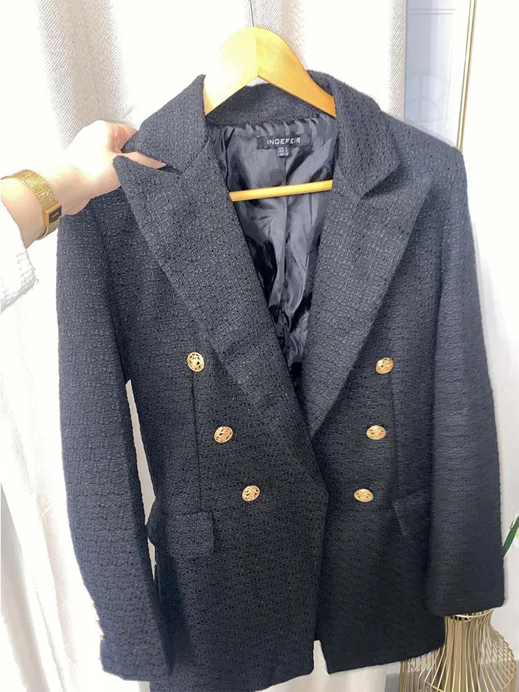 Women's Suits Blazers Blazer Women Traf Fashion Metal Double Breasted Woollen Blazers Coat Vintage Long Sleeve Female Outerwear Chic Tops 231027