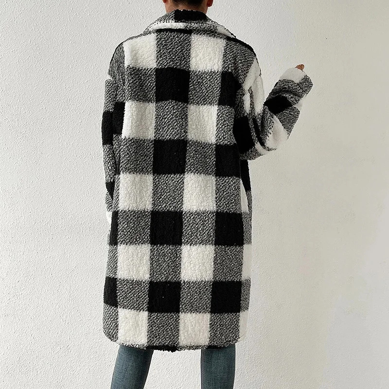 Women's Wool Blends 2023 Autumn Winter Women Splice Plaid Coat Elegant Plush Polyester Lapel Long Jacket Ladies Button 231027