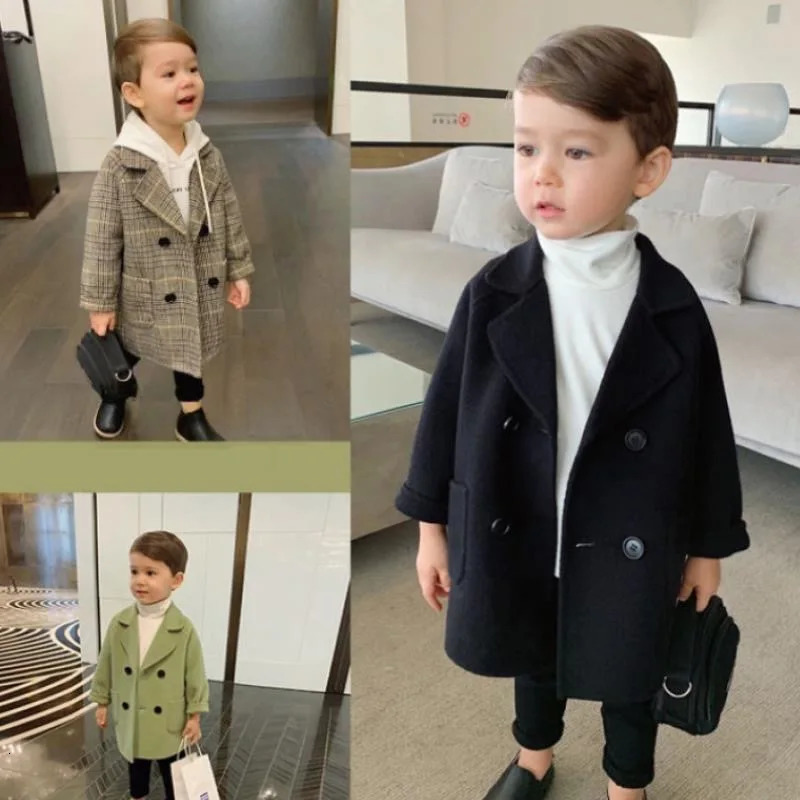 Jackets Spring Autumn 2023 Boys Child Girl Woolen Doublebreasted Baby Trench Coat Lapel Kids Outerwear Winter Wool Overcoat 231027