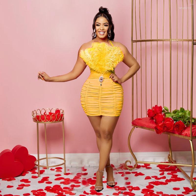Casual Dresses Summer Club Evening Sexy Party For Women Halter Neck Feather Strapless Ruched Stached Up Bodycon Yellow Short Mini Dress