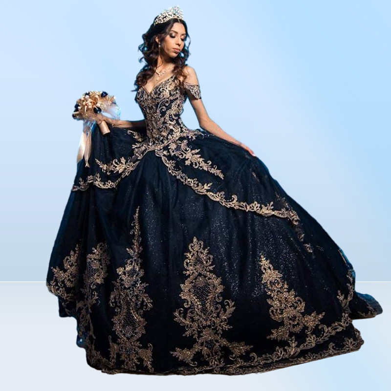 Sexy Navy Blue Bling Quinceanera Dresses Ball Gown Off Shoulder Gold Embroidery Lace Crystal Beads Sequined Sweet 16 Vestido