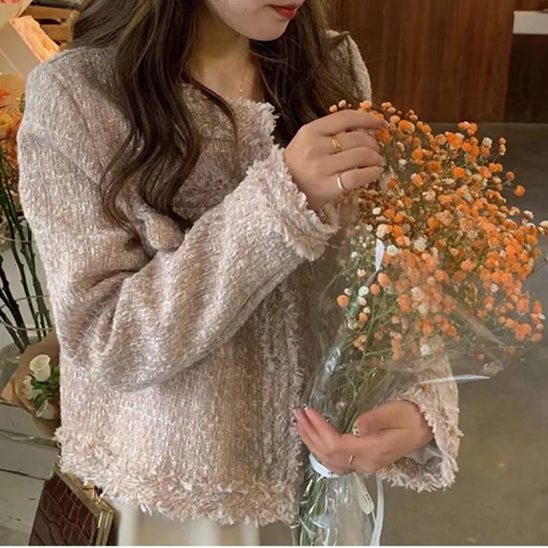 Women's Wool Blends HMA Fashion Korean Chic Vintage Tweed Woolen Jacket Coat Women Autumn Single Breasted Plaid Tassel Office Lady Outwear 231027