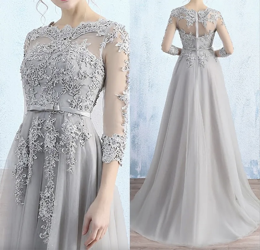 Gorgeous Light Gray Dresses Illusion Sheer With Applique Mor Beading Zipper Back Mother Of The Bride Dresse