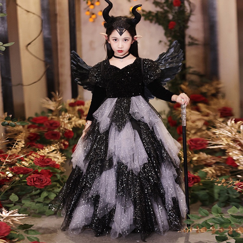shiny Girls Pageant Dress Ball Gown Ruffled Flower Girls Birthday Party Dresses Halloween children dress cosplay little devil girl kindergarten perfor