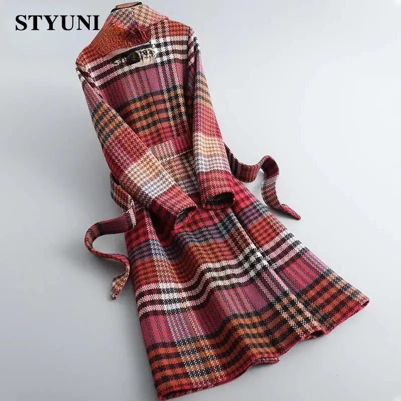 Women's Wool Blends Red Plaid Vintage Thick Woolen Long Sleeve High Waist With Belt Jacket Korean Fashion Coat Winter 2023 231027