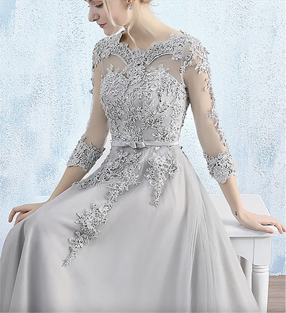 Gorgeous Light Gray Dresses Illusion Sheer With Applique Mor Beading Zipper Back Mother Of The Bride Dresse