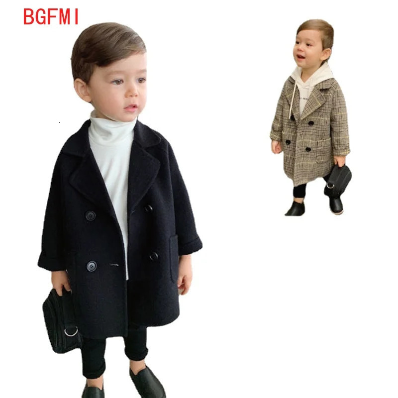 Jackets Winter Grid Boys Girl Woolen Doublebreasted Baby Boy Trench Coat Lapel Autumn Kids Outerwear Coats Spring Wool Overcoat 231027