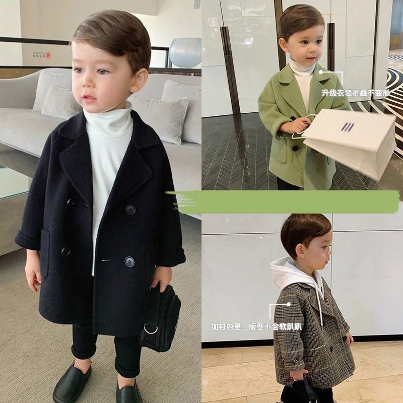 Jackets Spring Autumn 2023 Boys Child Girl Woolen Doublebreasted Baby Trench Coat Lapel Kids Outerwear Winter Wool Overcoat 231027