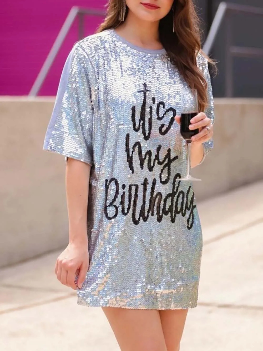 Urban Sexy Dresses Women Its My Birthday Sequin Shirt Dress Ladie Party Wear Queen Of Sparkle Sequin Jersey Dress 231027