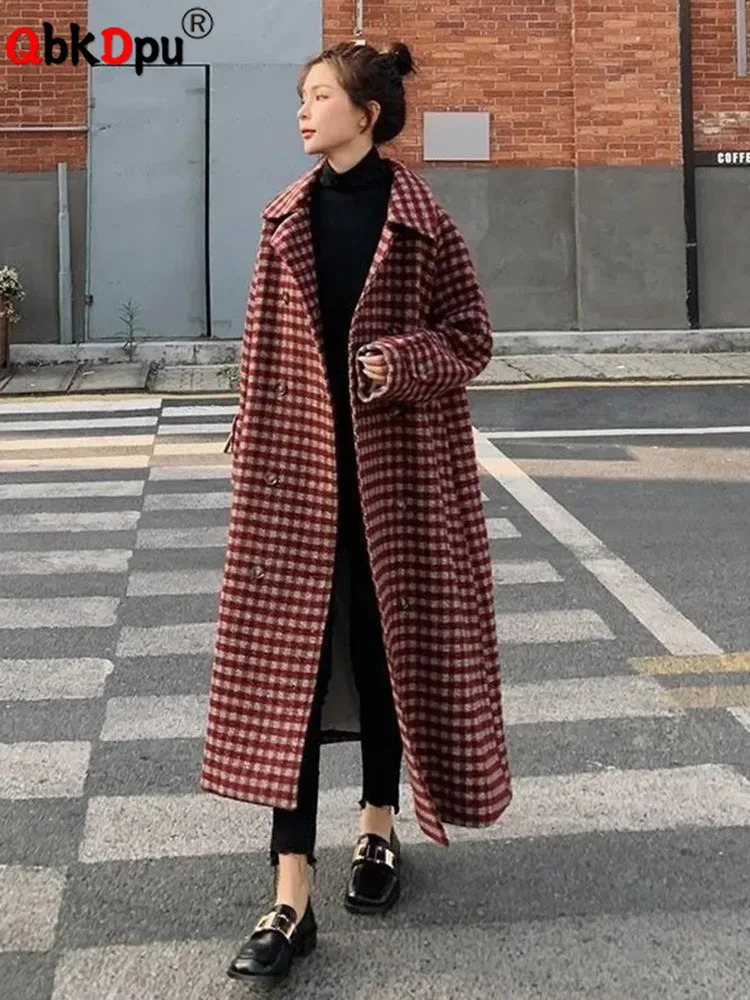 Women's Wool Blends Thick Mid Length Plaid Woolen Coat Korean Women Warm Double Breasted Loose Overcoat Winter Streetwear Belt Blend Parkas 23102
