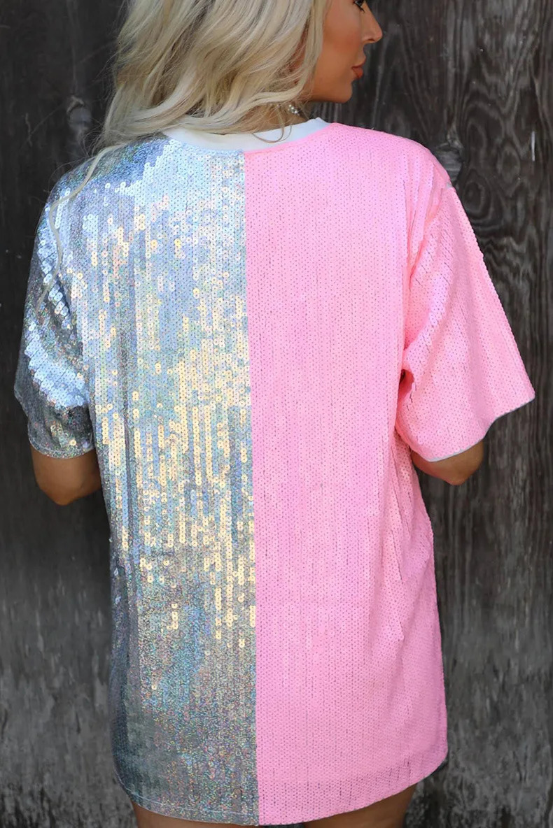 Urban Sexy Dresses Summer Half Sleeve Baggy Sequin Patchwork T Shirt Dress Casual Loose Mini Night Dress 231027