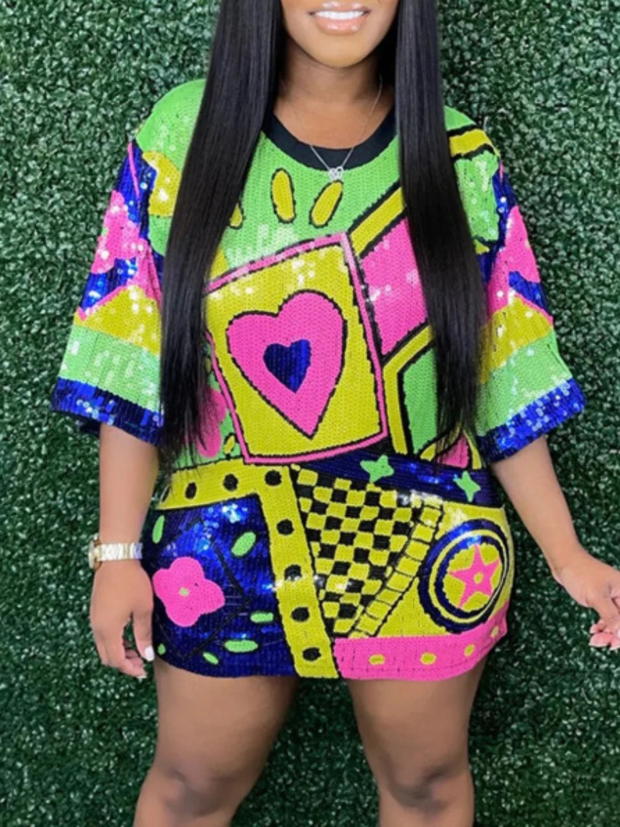 Urban Sexy Dresses LW Multicolor Sequins Mini Dresses Heart Plaid Decor Sequin T-shirt Loose Dress Half Sleeve Color Block Party Night Clubwears 23102