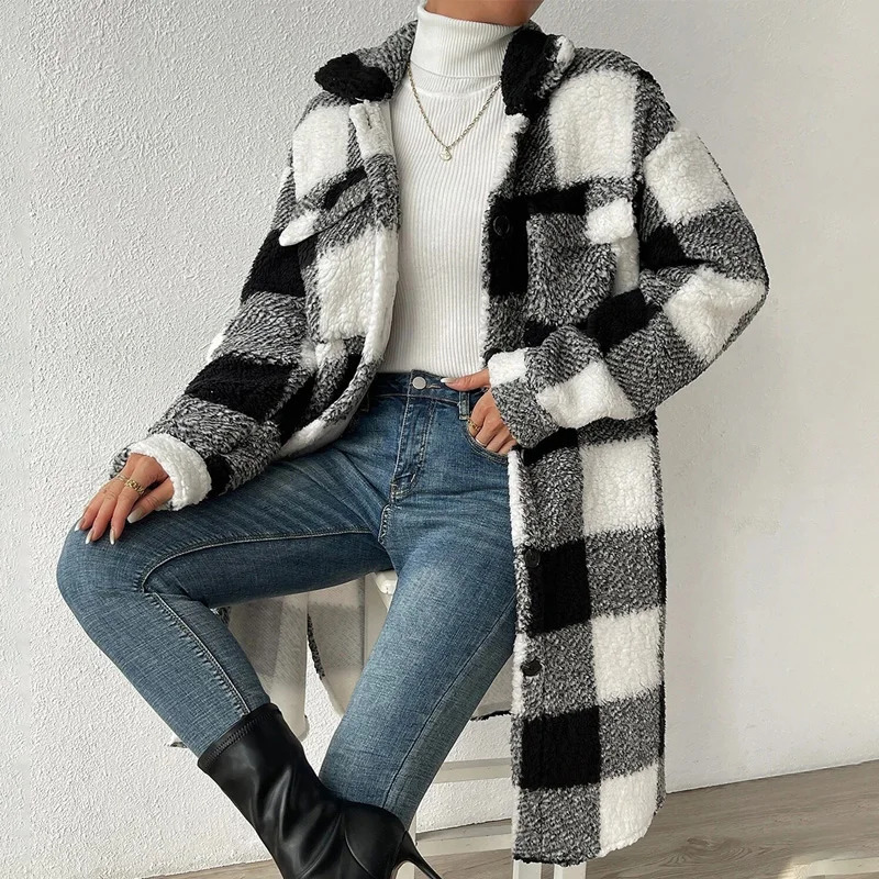 Women's Wool Blends 2023 Autumn Winter Women Splice Plaid Coat Elegant Plush Polyester Lapel Long Jacket Ladies Button 231027