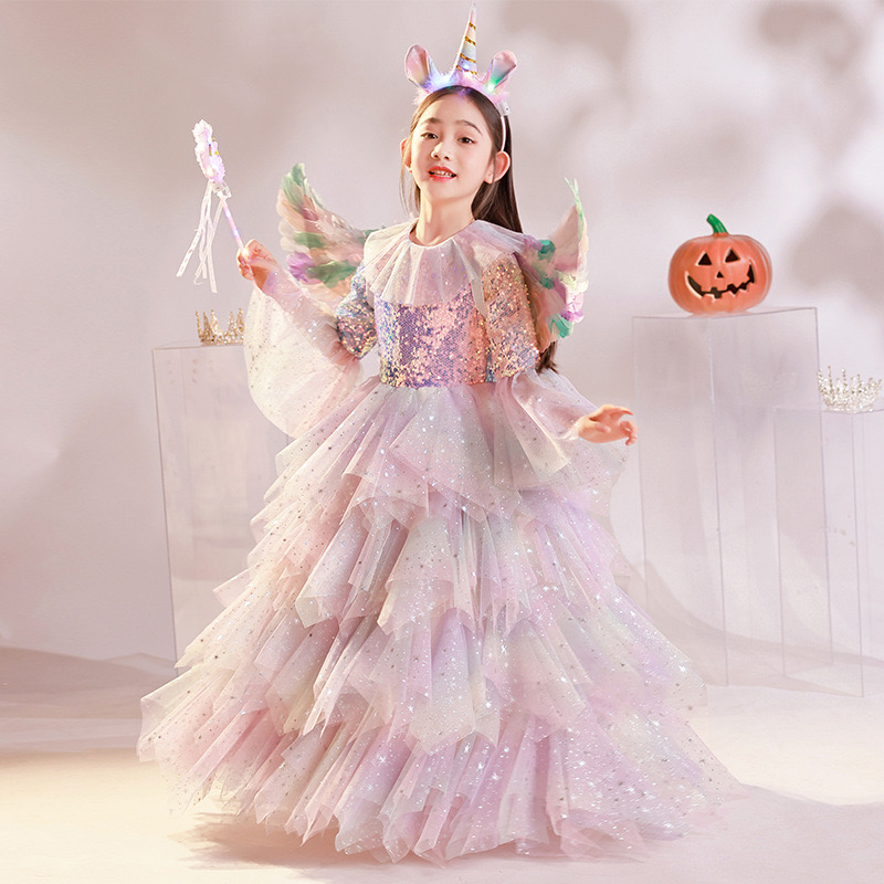 2023 Girls Pageant Dress Ball Gown Ruffled Flower Girls Birthday Party Dresses Halloween children dress cosplay shiny angel girl kindergarten performa