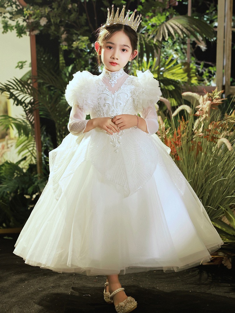 White Princess Flower Girl Dresses Birthday High Neck Hand Made Beaded Crystal Shiny Flowers Little Girls Wedding Dress Communion Pageant Gowns Tulle 