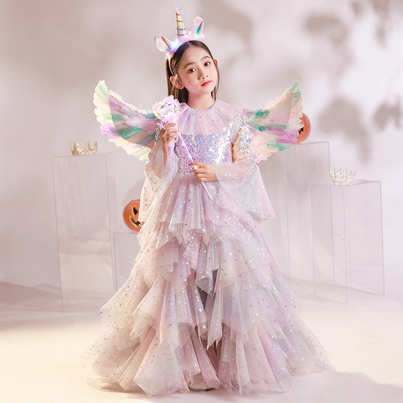 2023 Girls Pageant Dress Ball Gown Ruffled Flower Girls Birthday Party Dresses Halloween children dress cosplay shiny angel girl kindergarten performa