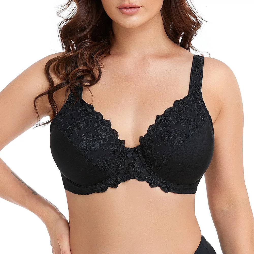 Bras For Women Embroidery Plus Size Lace Full Cup Large Minimizer Bra NonPadded Underwire Woman D E F G H I J 231027