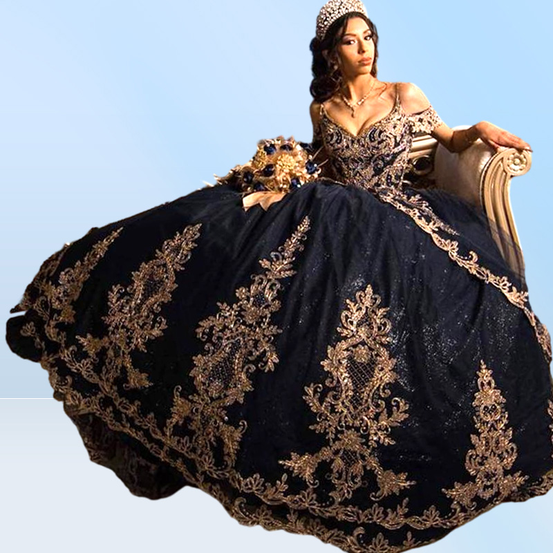 Sexy Navy Blue Bling Quinceanera Dresses Ball Gown Off Shoulder Gold Embroidery Lace Crystal Beads Sequined Sweet 16 Vestido