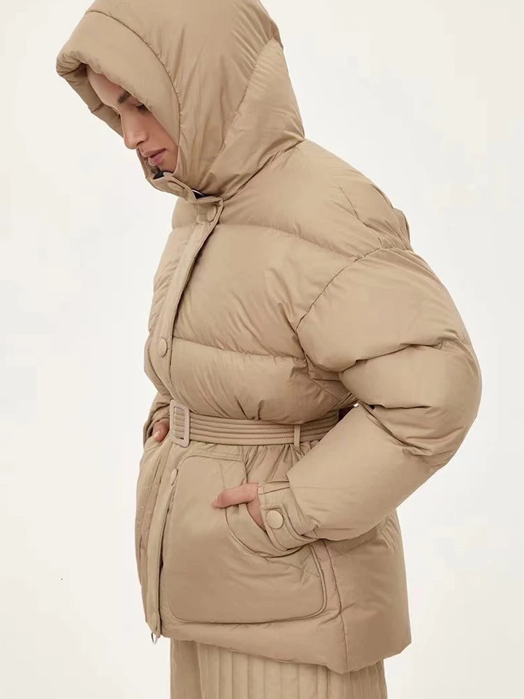Womens Down Parkas Winter Loose Thickening Puffer Jacket Women Solid Belt High Waist Warm Parkas Fashion Black Grey Long Sleeve Coat 231027