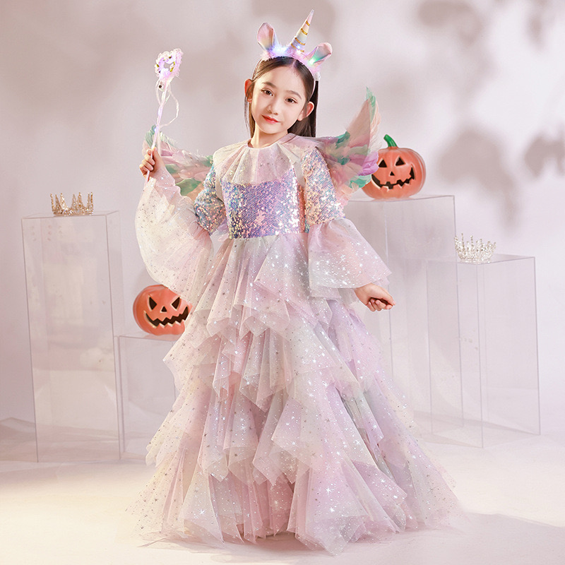 2023 Girls Pageant Dress Ball Gown Ruffled Flower Girls Birthday Party Dresses Halloween children dress cosplay shiny angel girl kindergarten performa