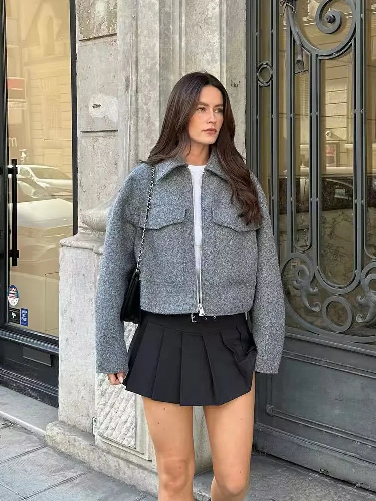 Women's Jackets Fashion Solid Turndown Collar Cropped Coats For Women 2023 Autumn Warm Outerwear Zipper Long Sleeve Pockets Female 231027