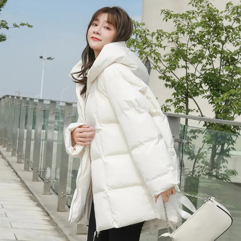 Womens Down Parkas Winter Style Puffer Jackets Women White Zipper Long Down Jacket Woman Korean Loose Hooded Bubble Coats Female 231027