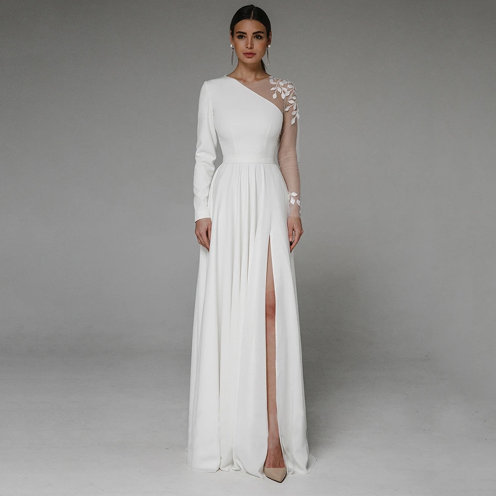 Asymmetrical Side Slit Wedding Dress Long Sleeve Civil Bridal Gown Party For Bride Button Applique Floor Length Women Robe De Mariee Vestidos De Noiva