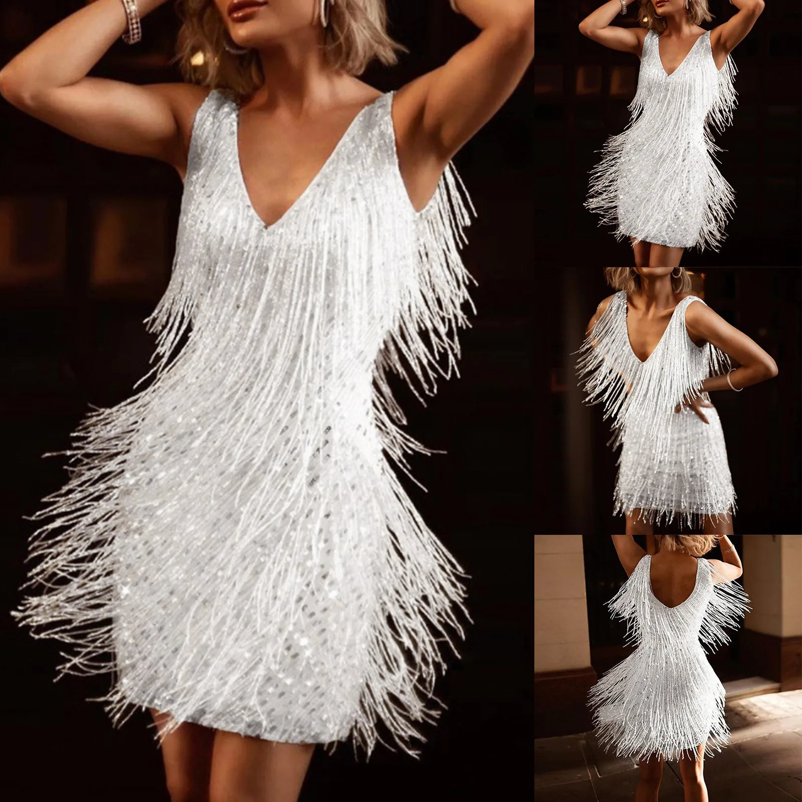 Urban Sexy Dresses Women Sexy Tassel Dress Sequin Sleeveless Backless Club Night Dresses Prom Ballroom Samba Fringe Dance Flapper Pencil Mini Dress 23