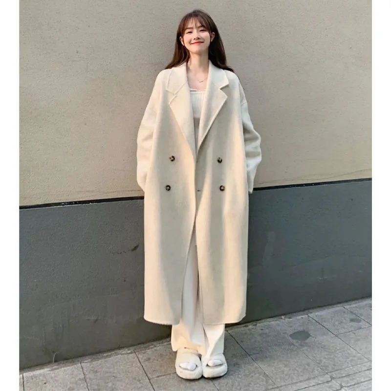 Women's Wool Blends Warm Mid Length Loose Blend Coat Korean Women Thick Overcoat Fall Winter Solid Double Breasted Parkas Jaqueta 231027