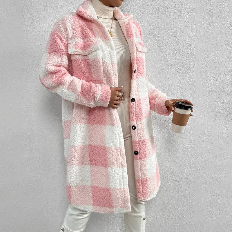 Women's Wool Blends 2023 Autumn Winter Women Splice Plaid Coat Elegant Plush Polyester Lapel Long Jacket Ladies Button 231027