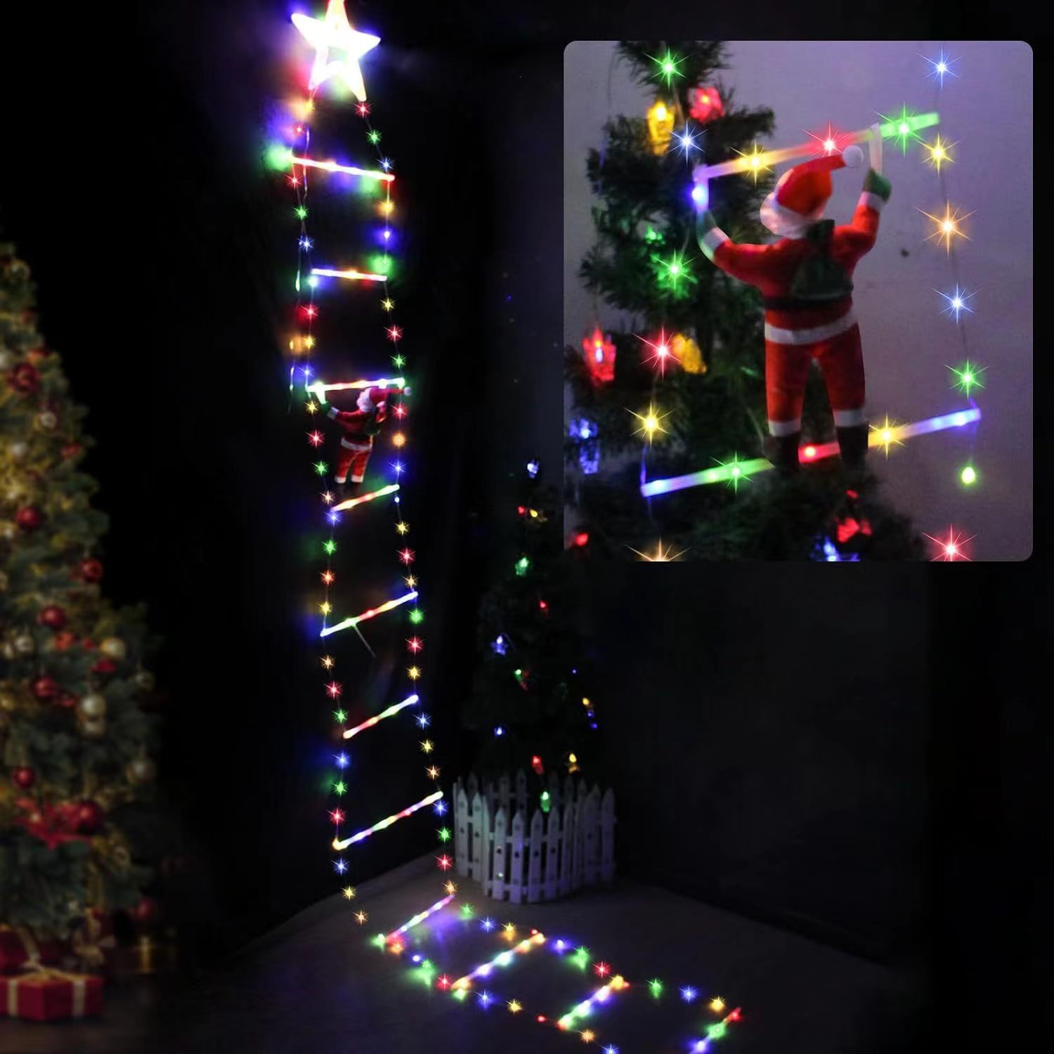 LED Strings USB Christmas Decorations 2023 Ladder Light with Santa Claus Doll for Outdoor Window Garden Navidad Xmas Hanging New Year 2024 Decor