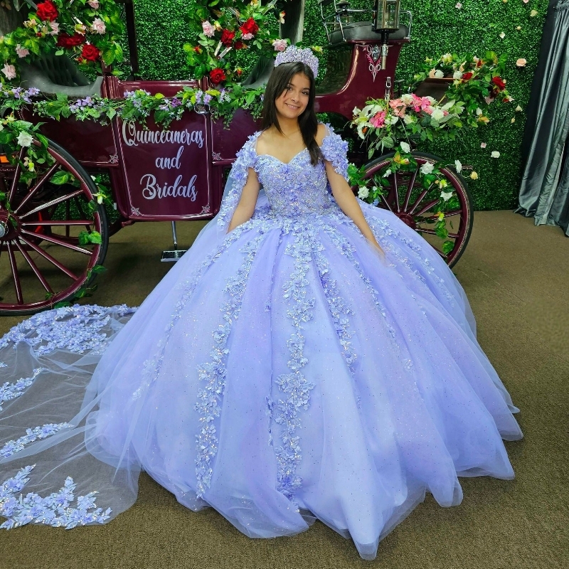 Shiny Lavender Ball Gown Quinceanera Dresses D Wers Appliques Lace Beads With Cape Corset Vestidos De Anos