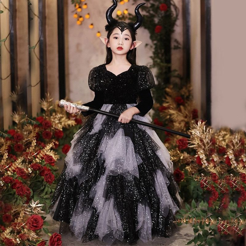 shiny Girls Pageant Dress Ball Gown Ruffled Flower Girls Birthday Party Dresses Halloween children dress cosplay little devil girl kindergarten perfor