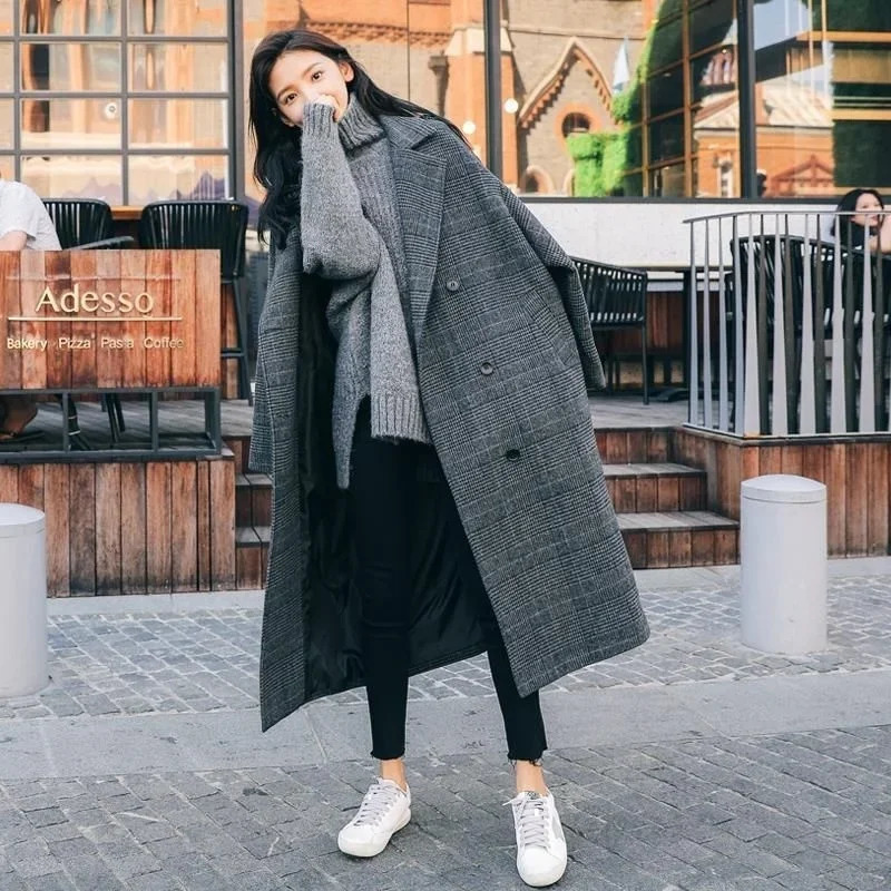 Women's Wool Blends Cape Femme Plaid Coat Thick Winter Loose Woolen Jackets Korean Jacket Female Coats Vintage Overcoat Jaket 231027