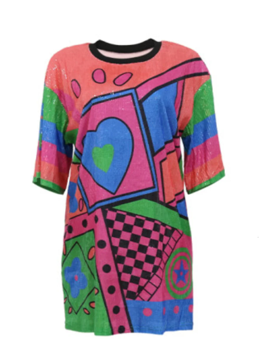 Urban Sexy Dresses LW Multicolor Sequins Mini Dresses Heart Plaid Decor Sequin T-shirt Loose Dress Half Sleeve Color Block Party Night Clubwears 23102