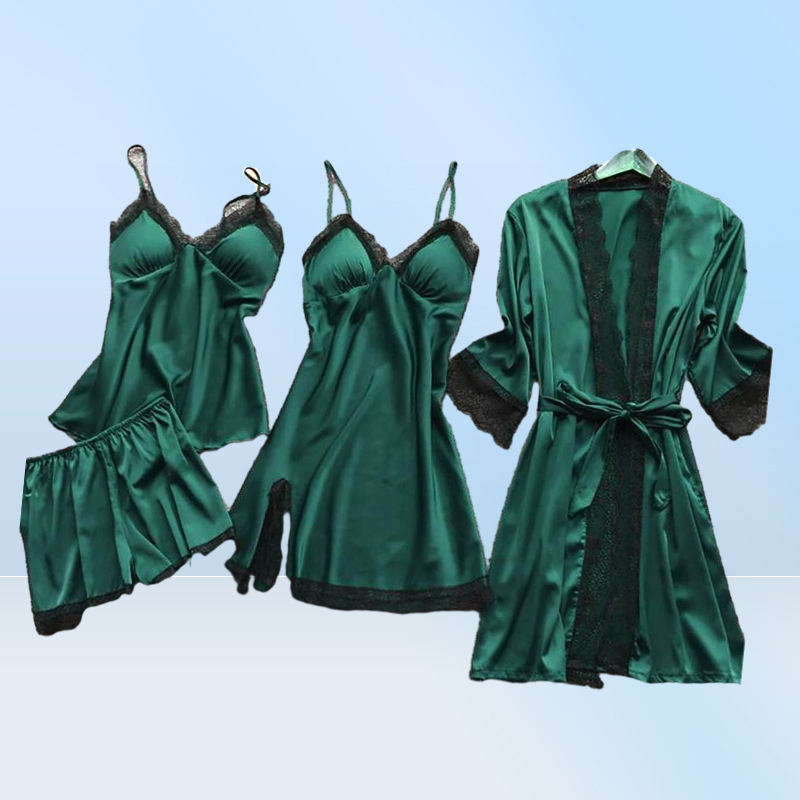Women Pajamas Sets Satin Sleepwear Silk 4 Pieces Nightwear Pyjama Spaghetti Strap Lace Sleep Lounge Pijama With Chest Pads