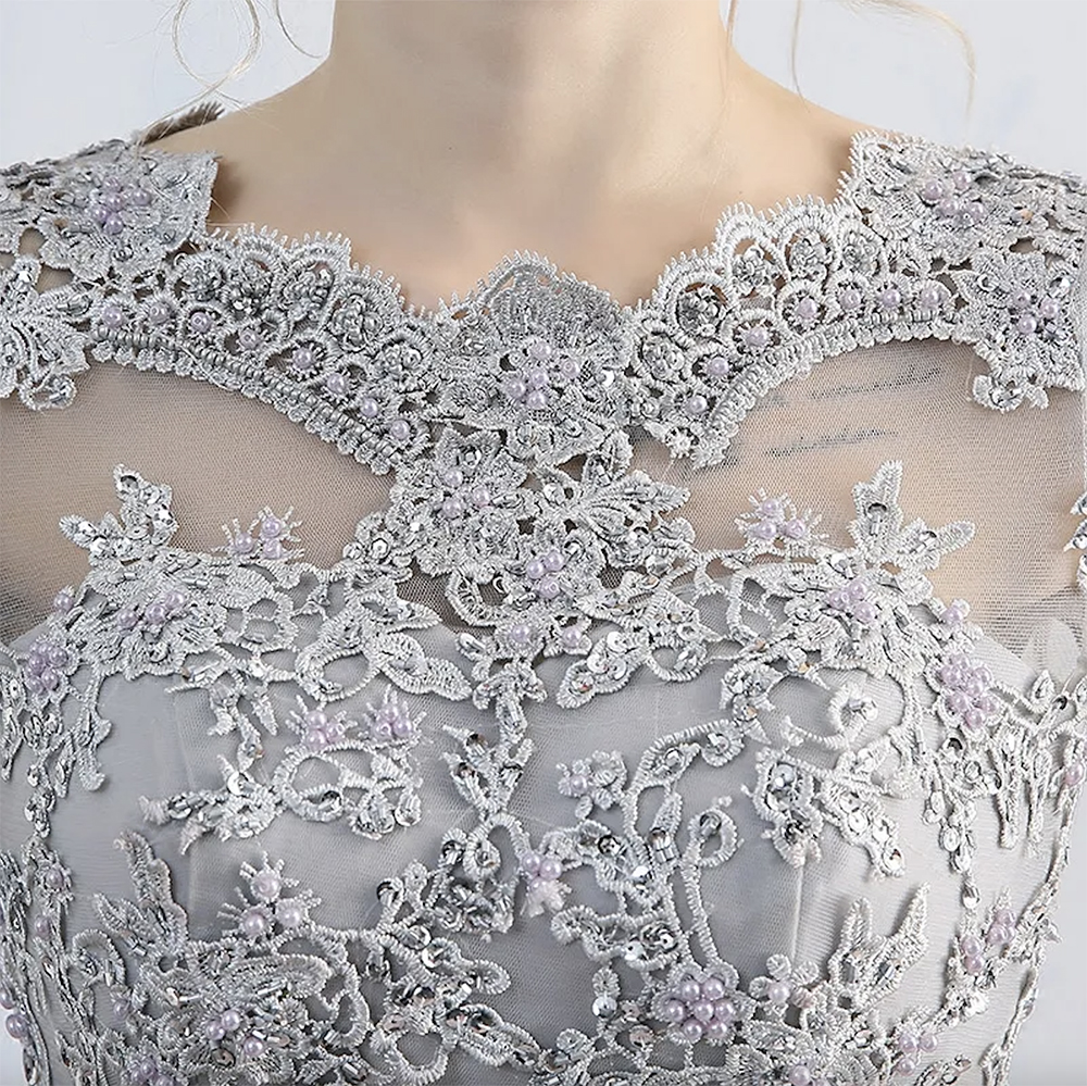 Gorgeous Light Gray Dresses Illusion Sheer With Applique Mor Beading Zipper Back Mother Of The Bride Dresse