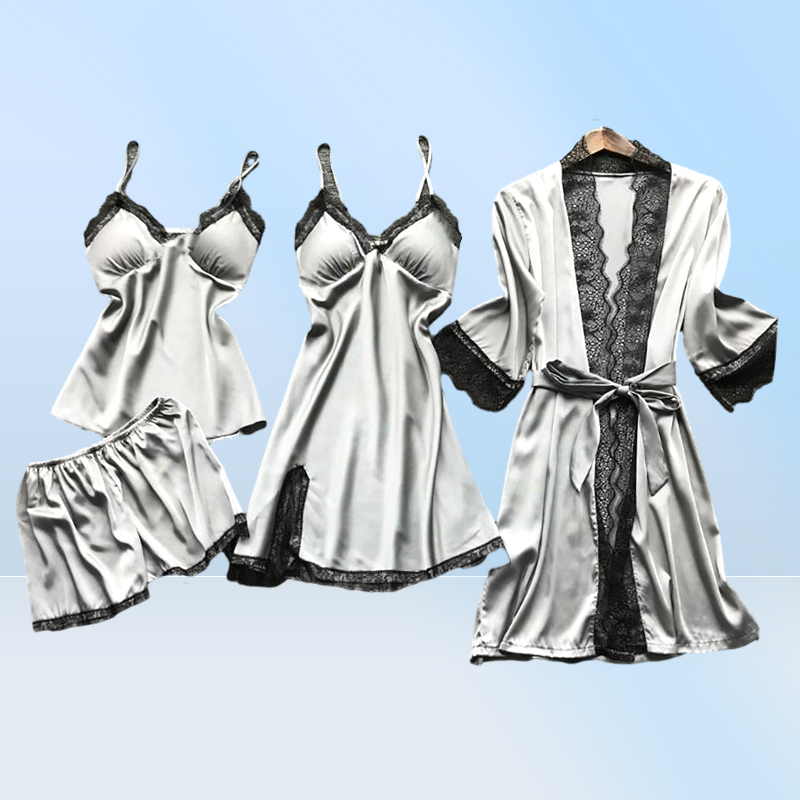 Women Pajamas Sets Satin Sleepwear Silk 4 Pieces Nightwear Pyjama Spaghetti Strap Lace Sleep Lounge Pijama With Chest Pads