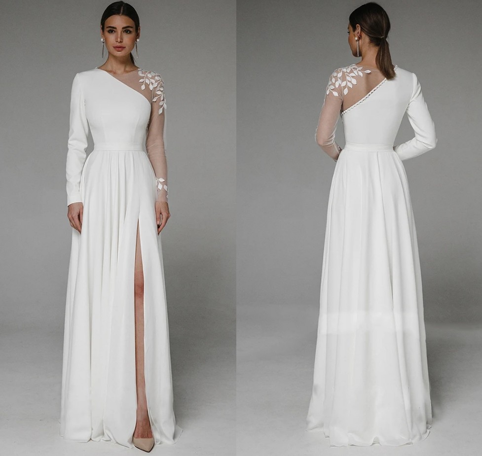 Asymmetrical Side Slit Wedding Dress Long Sleeve Civil Bridal Gown Party For Bride Button Applique Floor Length Women Robe De Mariee Vestidos De Noiva