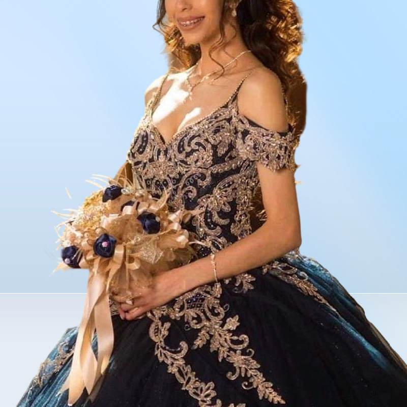 Sexy Navy Blue Bling Quinceanera Dresses Ball Gown Off Shoulder Gold Embroidery Lace Crystal Beads Sequined Sweet 16 Vestido
