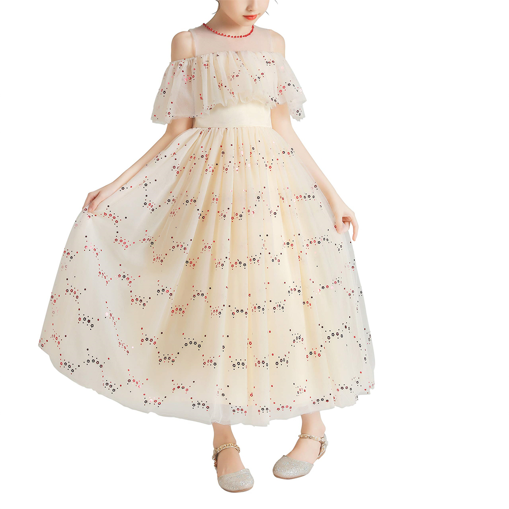 Pretty Princess Girl Dresses Long Sequins Beading Ruffle Ball Gown Tulle Girls Pageant Gown Communion For Wedding Formal Party F11