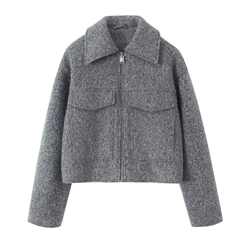Women's Wool Blends YENKYE Vintage Women Gray Cropped Woolen Jacket Long Sleeve Pockets Female Autumn Winter Short Coat 231027