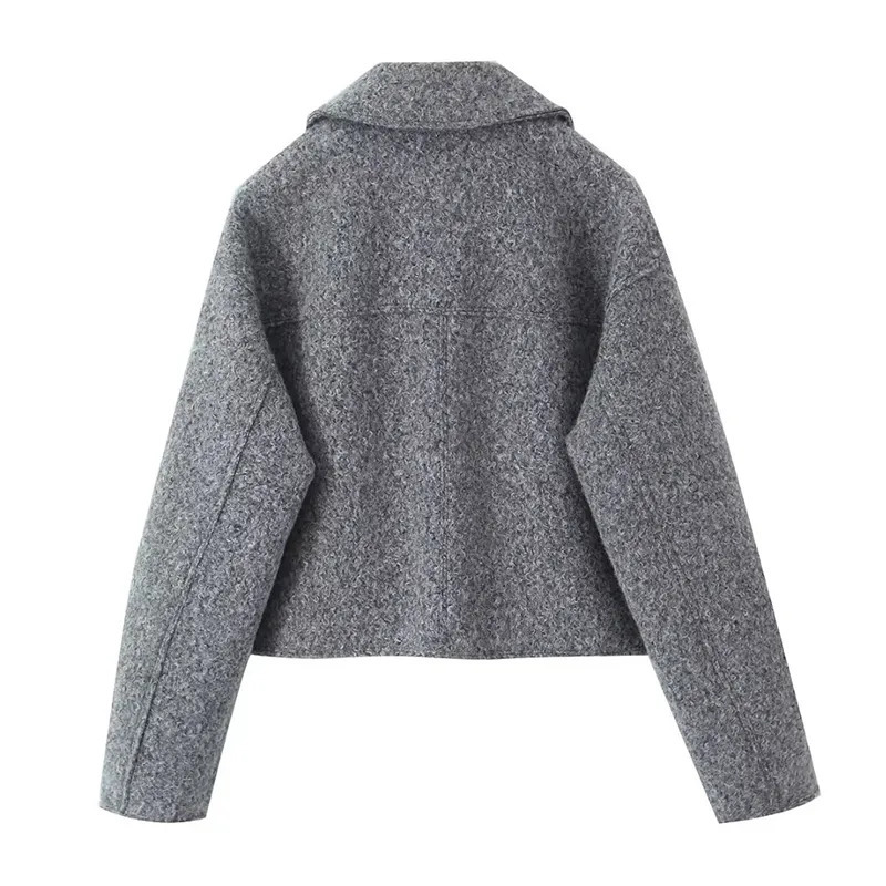 Women's Wool Blends YENKYE Vintage Women Gray Cropped Woolen Jacket Long Sleeve Pockets Female Autumn Winter Short Coat 231027
