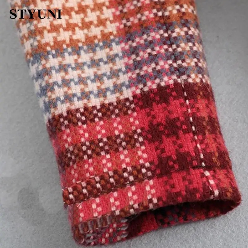 Women's Wool Blends Red Plaid Vintage Thick Woolen Long Sleeve High Waist With Belt Jacket Korean Fashion Coat Winter 2023 231027