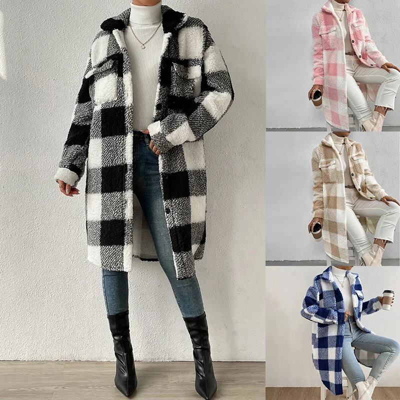 Women's Wool Blends 2023 Autumn Winter Women Splice Plaid Coat Elegant Plush Polyester Lapel Long Jacket Ladies Button 231027