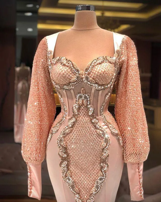 Arabic Aso Ebi Luxurious Mermaid Sexy Prom Dresses Peach Pink Lace Beaded Long Sleeves Evening Formal Party Second Reception Gowns Dress
