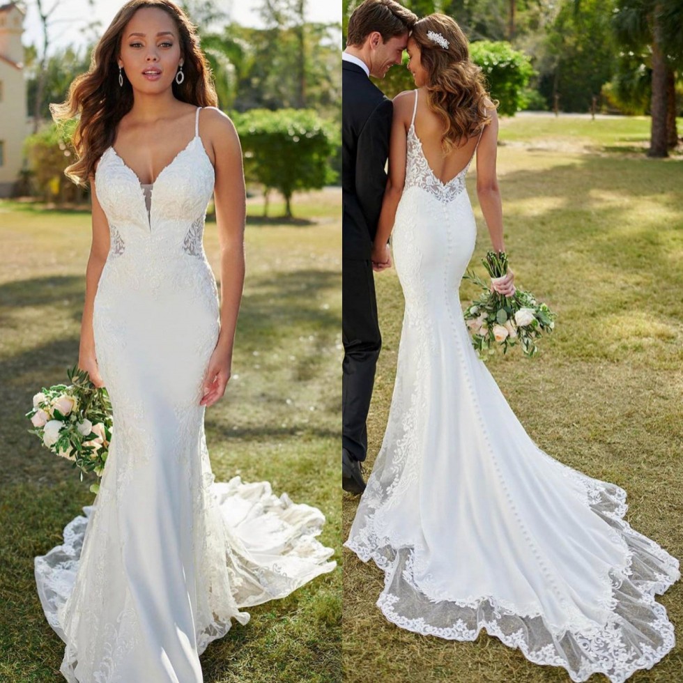 Amazing Mermaid Lace Wedding Dresses Backless Bridal Gowns Sheer Plunging Neckline Sweep Train Vestido De Novia