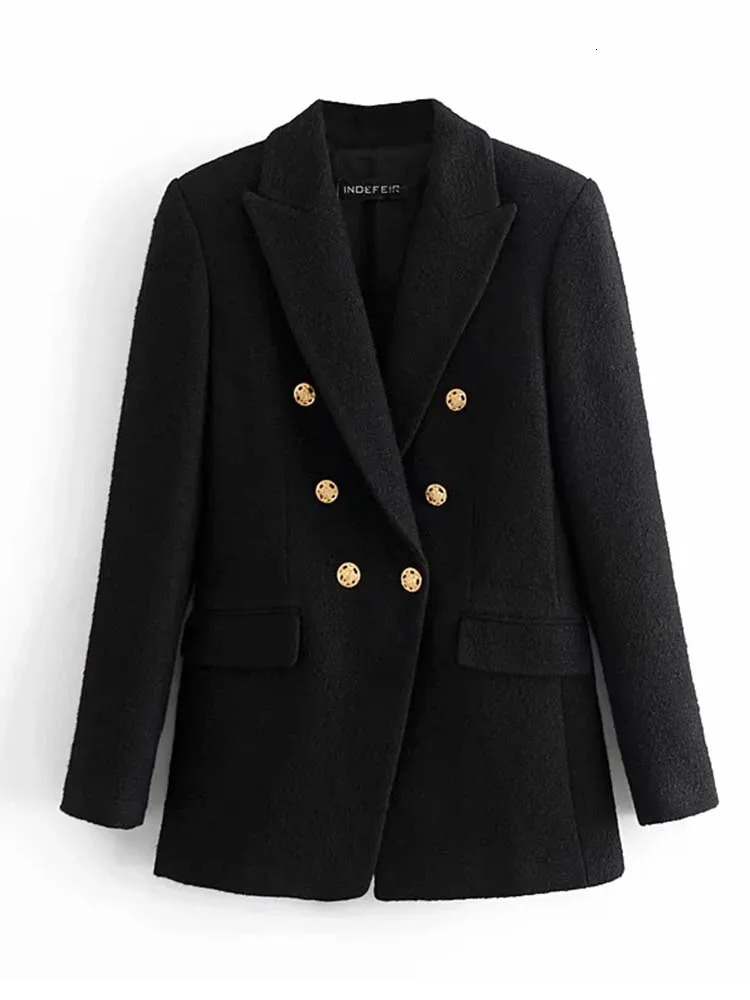 Women's Suits Blazers Blazer Women Traf Fashion Metal Double Breasted Woollen Blazers Coat Vintage Long Sleeve Female Outerwear Chic Tops 231027