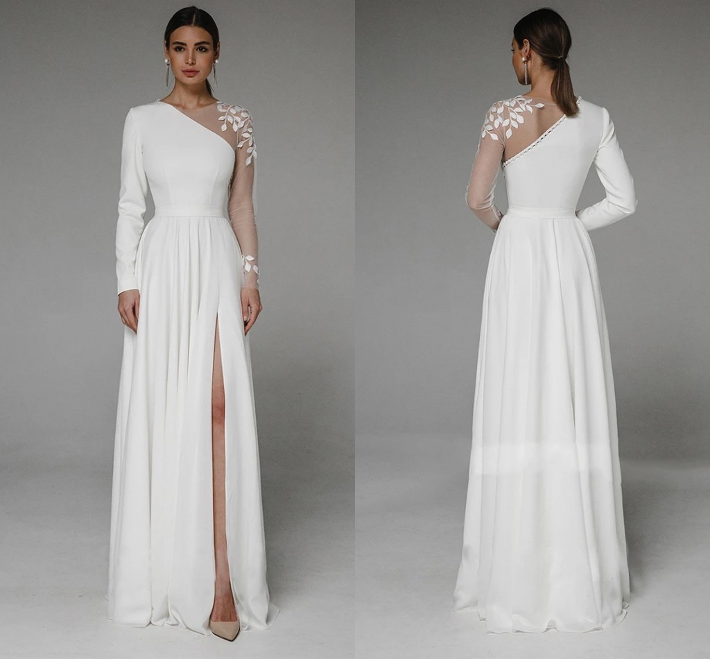 Asymmetrical Side Slit Wedding Dress Long Sleeve Civil Bridal Gown Party For Bride Button Applique Floor Length Women Robe De Mariee Vestidos De Noiva